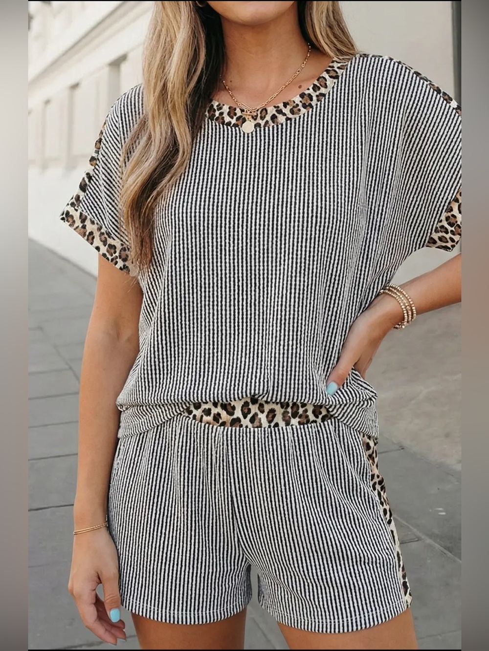Ribbed Two-Piece shorts  Set with Leopard Trim